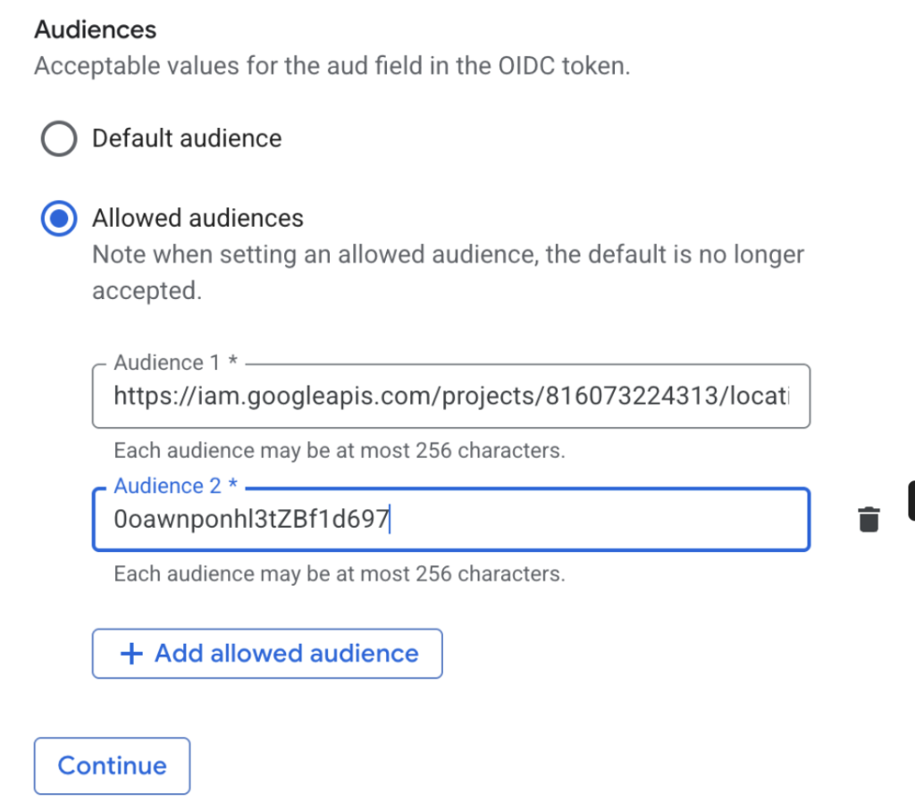 A screenshot of the Audiences configuration in the Google Workforce Identity Pool configuration