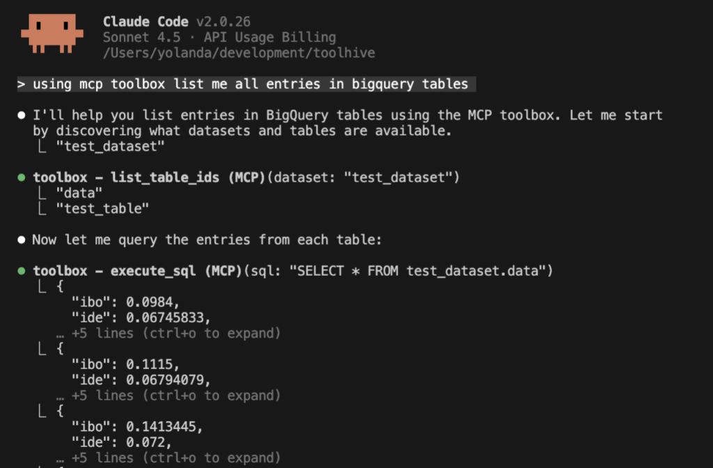 A screenshot of Claude Code calling a BigQuery MCP tool to list tables and execute a SQL statement