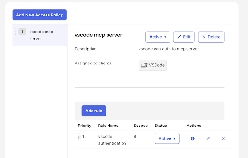 A screen shot of the Okta access policy settings on the app integration