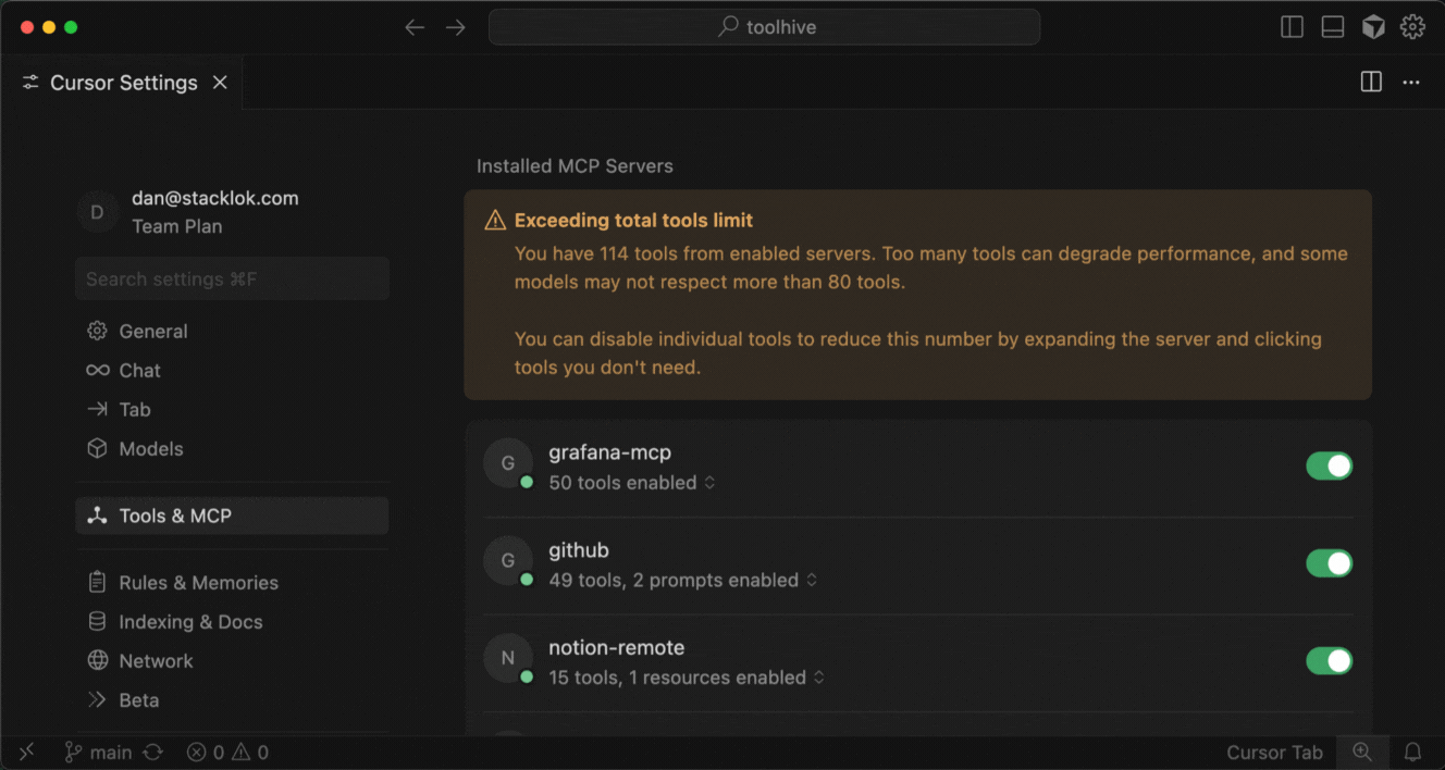 A series of screenshots showing how to enable MCP Optimizer in ToolHive and the results in Cursor