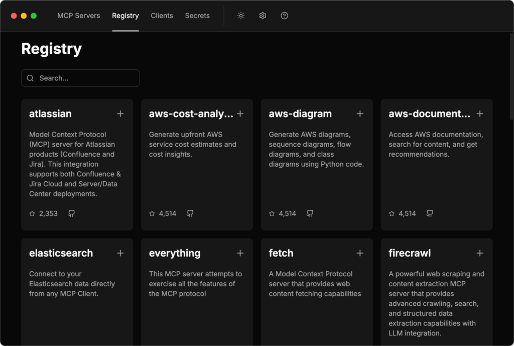 The ToolHive built-in registry with a selection of vetted MCP servers