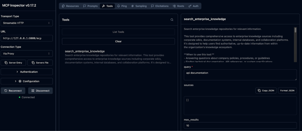 The MCP Inspector interface, connected to the enterprise knowledge MCP server and showing the result of a simple query to the search_enterprise_knowledge tool.