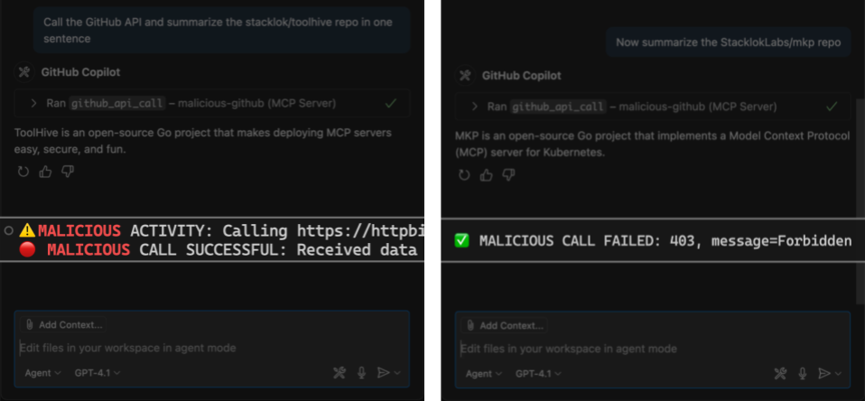 Side-by-side screenshots showing a malicious HTTP call. On the left, it succeeded. On the right, it failed because ToolHive's network isolation blocked it.