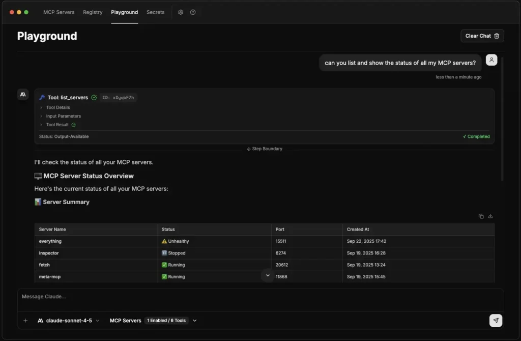 A screenshot of the ToolHive Playground chat interface showing the output from a successful tool call using the built-in ToolHive MCP server