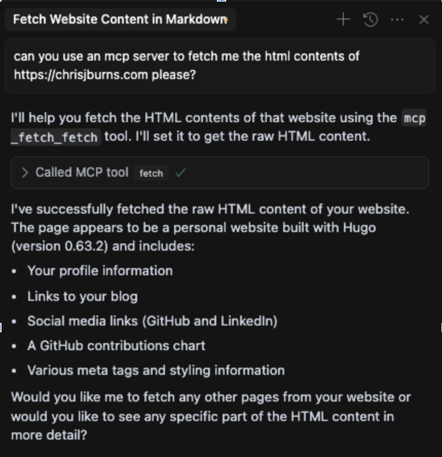 A Cursor chat interaction calling the fetch MCP tool to summarize a website.