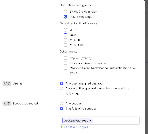 A screen shot of the Okta access policy rule on the app integration
