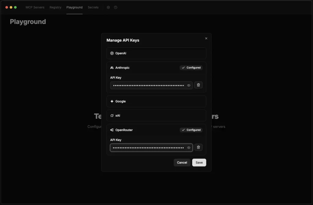 A screenshot of the ToolHive Playground API key management interface