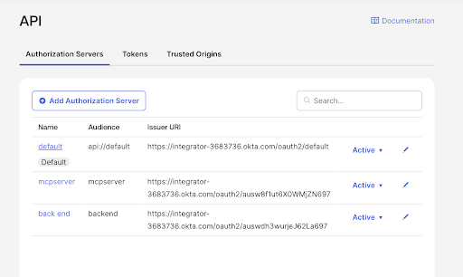 A screenshot of the Okta authorization servers list