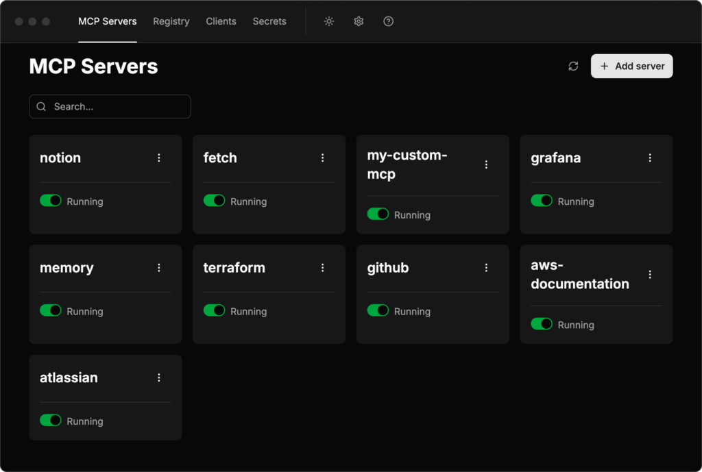 The ToolHive desktop UI showing multiple MCP servers installed and running