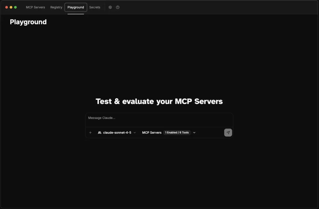 A screenshot of the ToolHive Playground, configured and ready for input with a chatbot-style interface